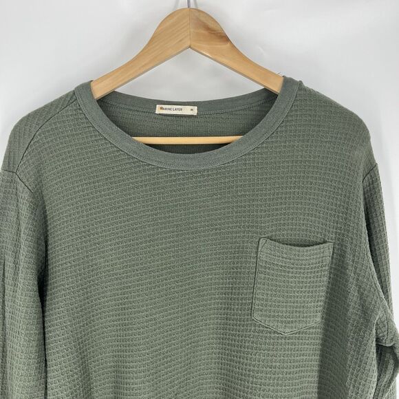 Marine Layer Shirt Size Medium Mens Green Thermal Waffle Knit Pocket Crew Neck - Picture 2 of 8